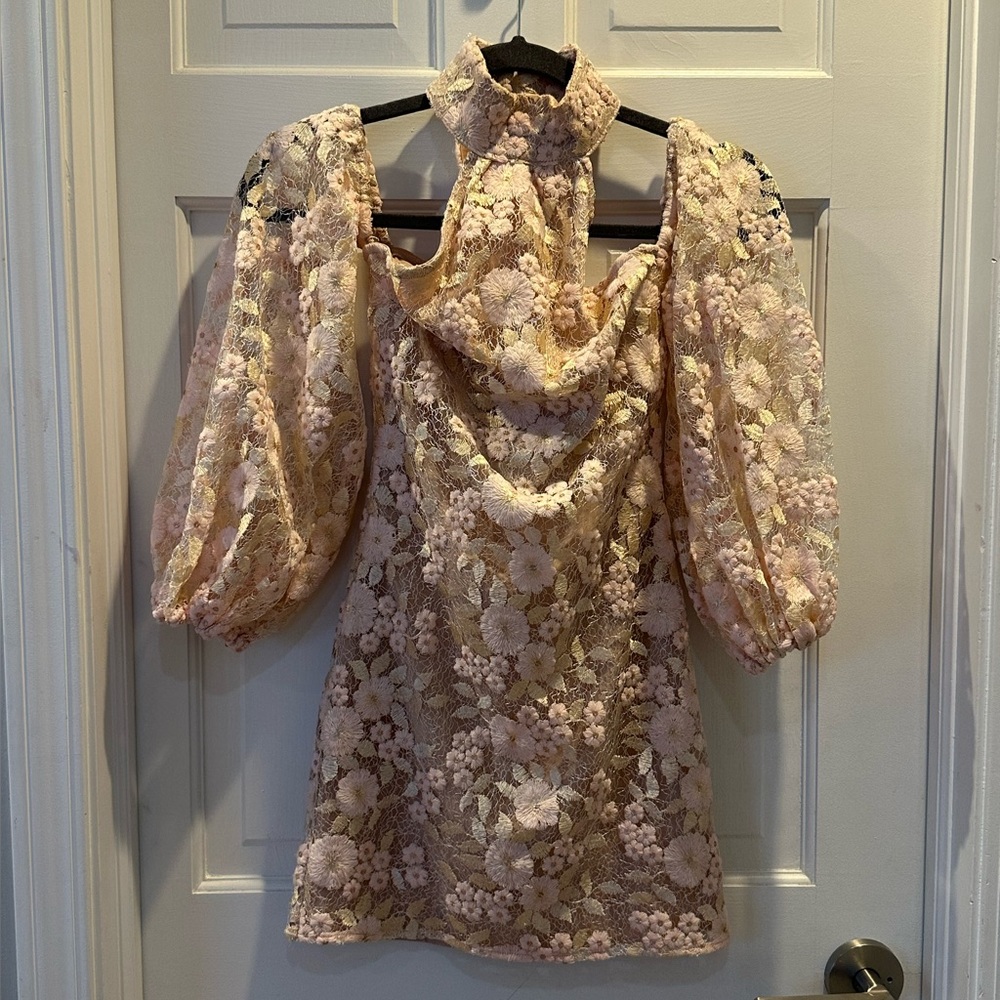 EUC Michael Costello X Revolve Women's Pink and Cream Lace Mini Dress